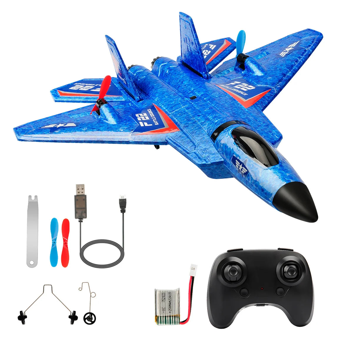 A blue SU-27 foam airplane model with attached 2.4G remote control, battery, and transmitter.