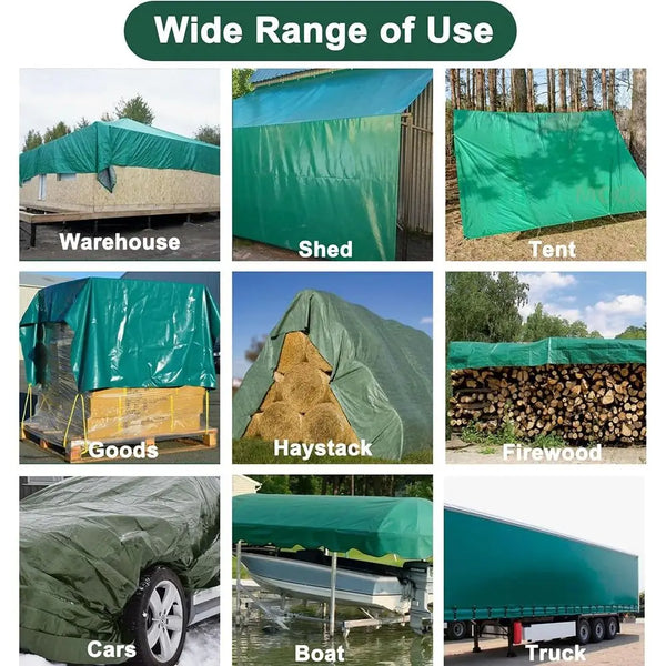 Various uses of a waterproof tarpaulin fabric patch including for warehouses, sheds, tents, goods, haystacks, firewood, cars,