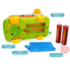 A bright green interactive bus phone toy with movable wheels and a battery compartment cover.