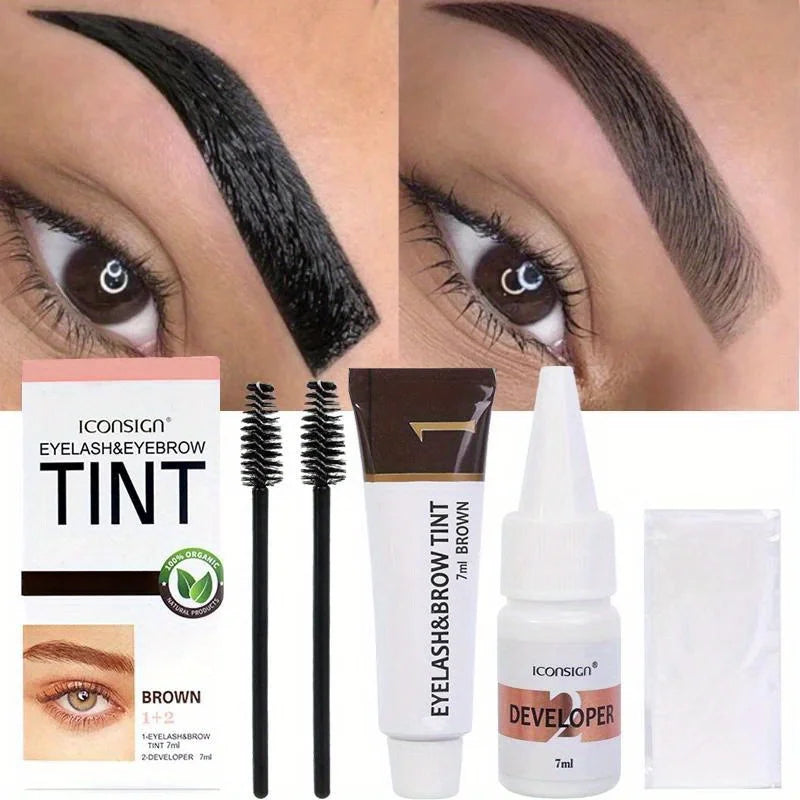 Iconsign tint kit for eyebrow and eyelash tinting showing application examples and a developer bottle