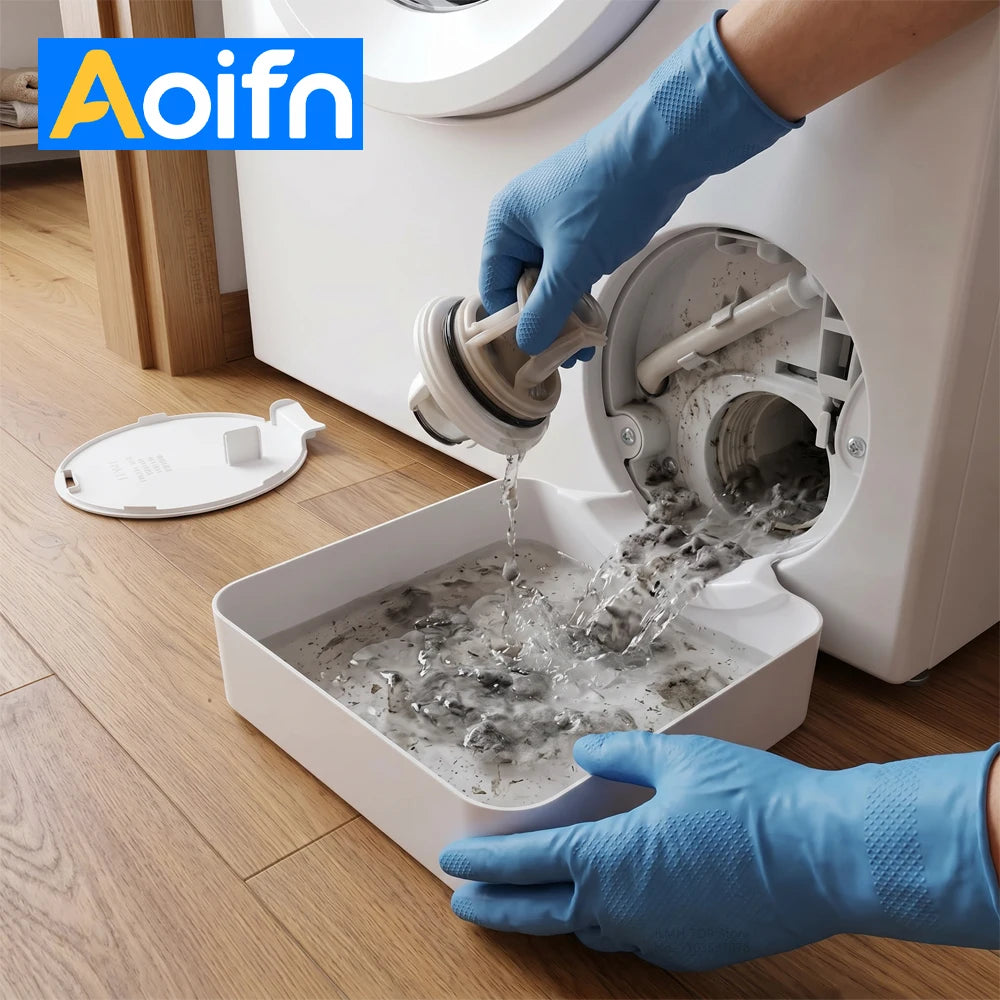 A hand in a blue glove is draining water from a washing machine filter drain tray into a white container.