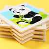 A stack of wooden 3D dinosaur puzzle cards featuring a panda illustration on a yellow background.
