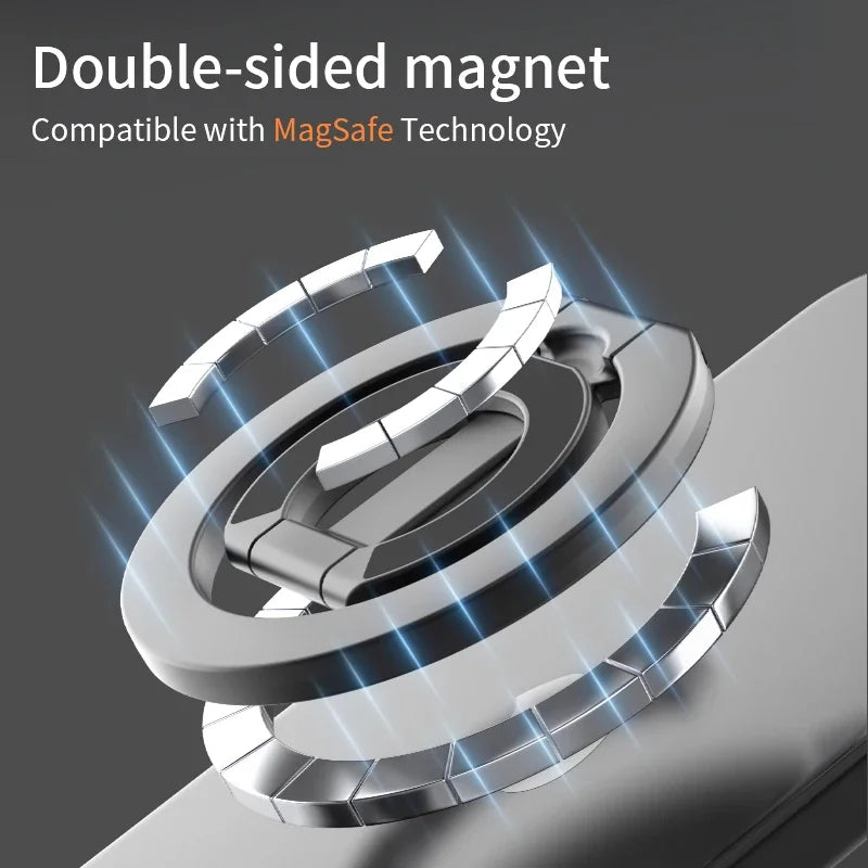 Dobbeltsidig magnet med MagSafe-teknologi og sammenleggbar magnetisk telefonringstativ.