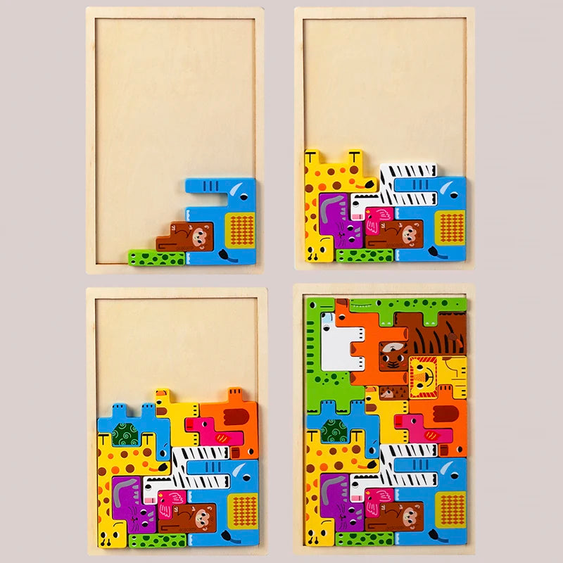 A set of wooden animal transport puzzles featuring colorful animals and vehicles.