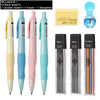 A set of 4 mechanical pencils with 12 black leads, 1 eraser, and 1 sharpener.