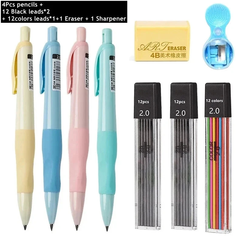 A set of 4 mechanical pencils with 12 black leads, 1 eraser, and 1 sharpener.
