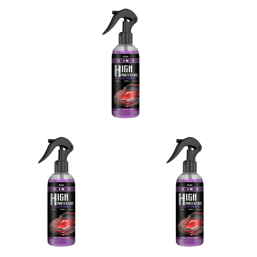 A bottle of High Potentin 3-in-1 Nano Ceramic Coating Spray for cars with a black pump and purple liquid.