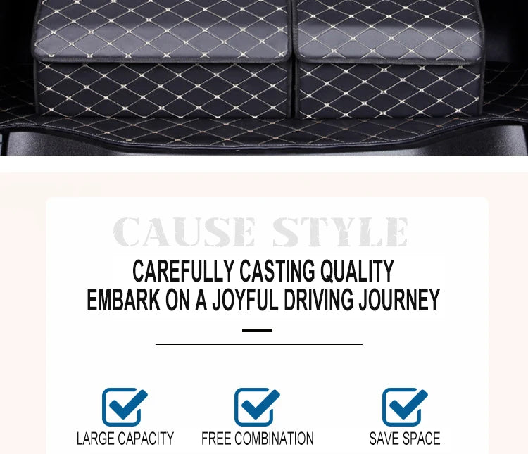 Black foldable PU leather car trunk organizer showing its texture and features like large capacity, free combination, and spa