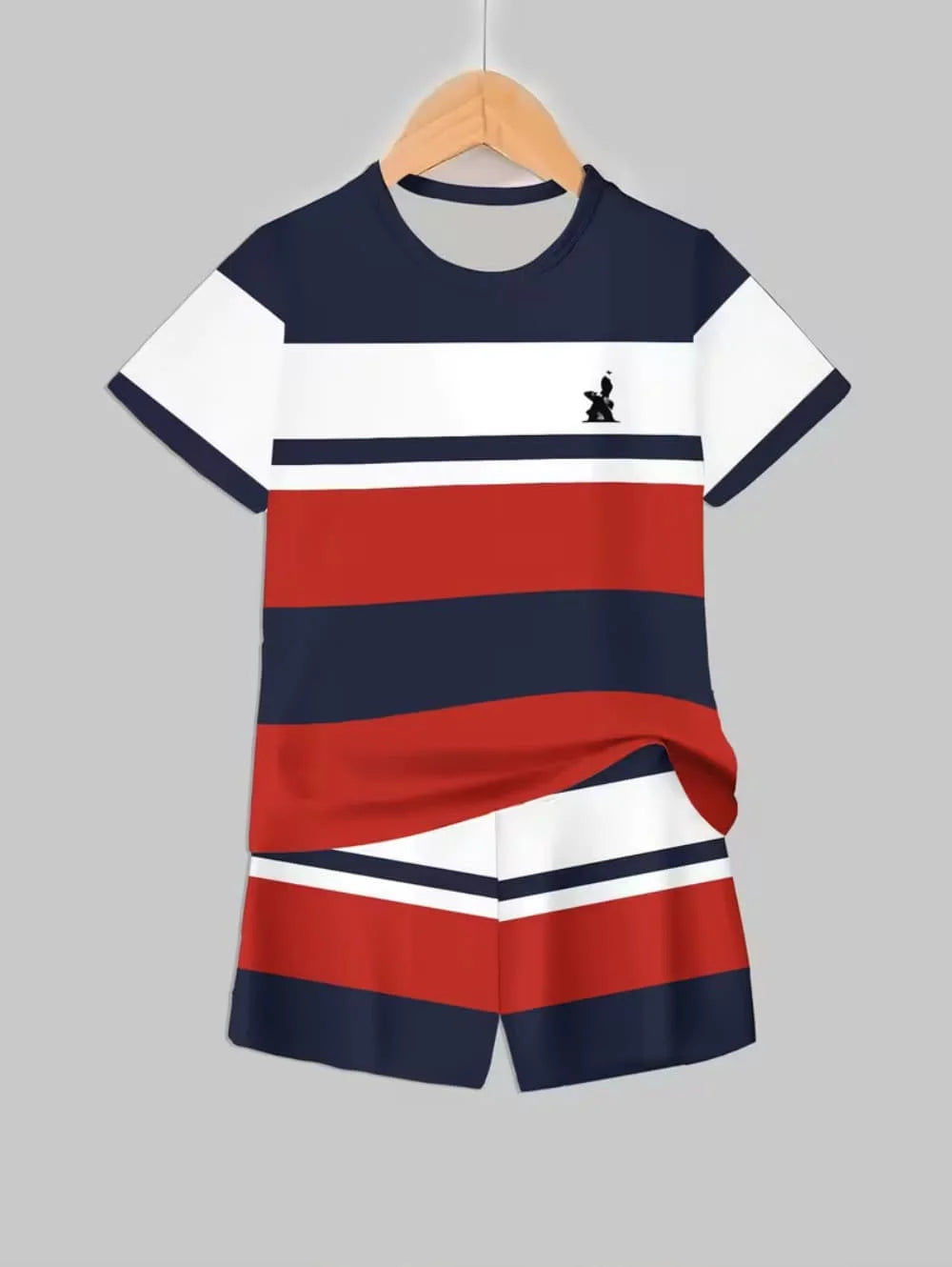 A navy blue and red striped short sleeve t-shirt and matching shorts set displayed on a hanger.