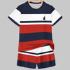 A navy blue and red striped short sleeve t-shirt and matching shorts set displayed on a hanger.