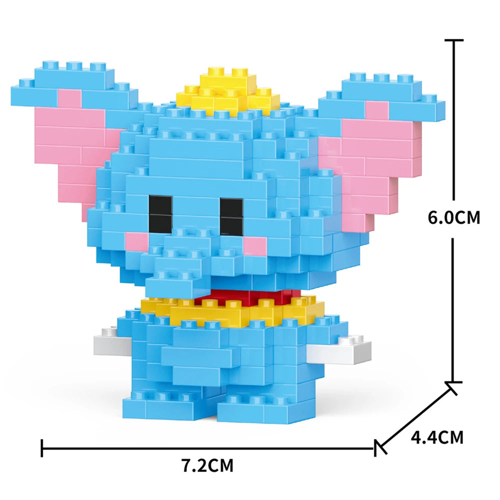 A blue and pink micro building block figurine of a cat with yellow ears and a red collar.