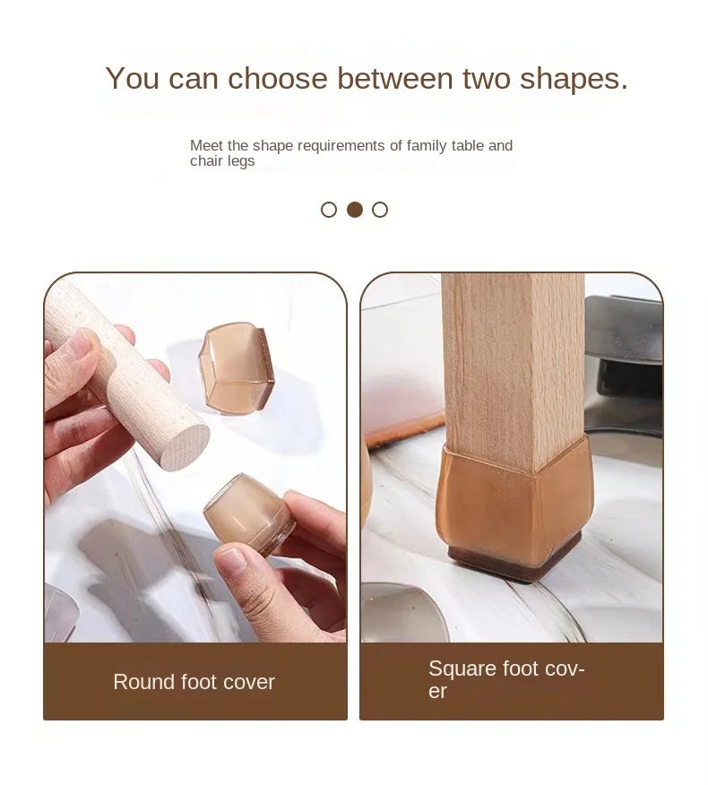 Two shapes of silicone furniture leg pads with felt bottoms shown for scratch protection: round and square.