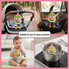 A silicone pull string sensory toy for babies is shown in various contexts including a stroller, a car seat, and as a teethin
