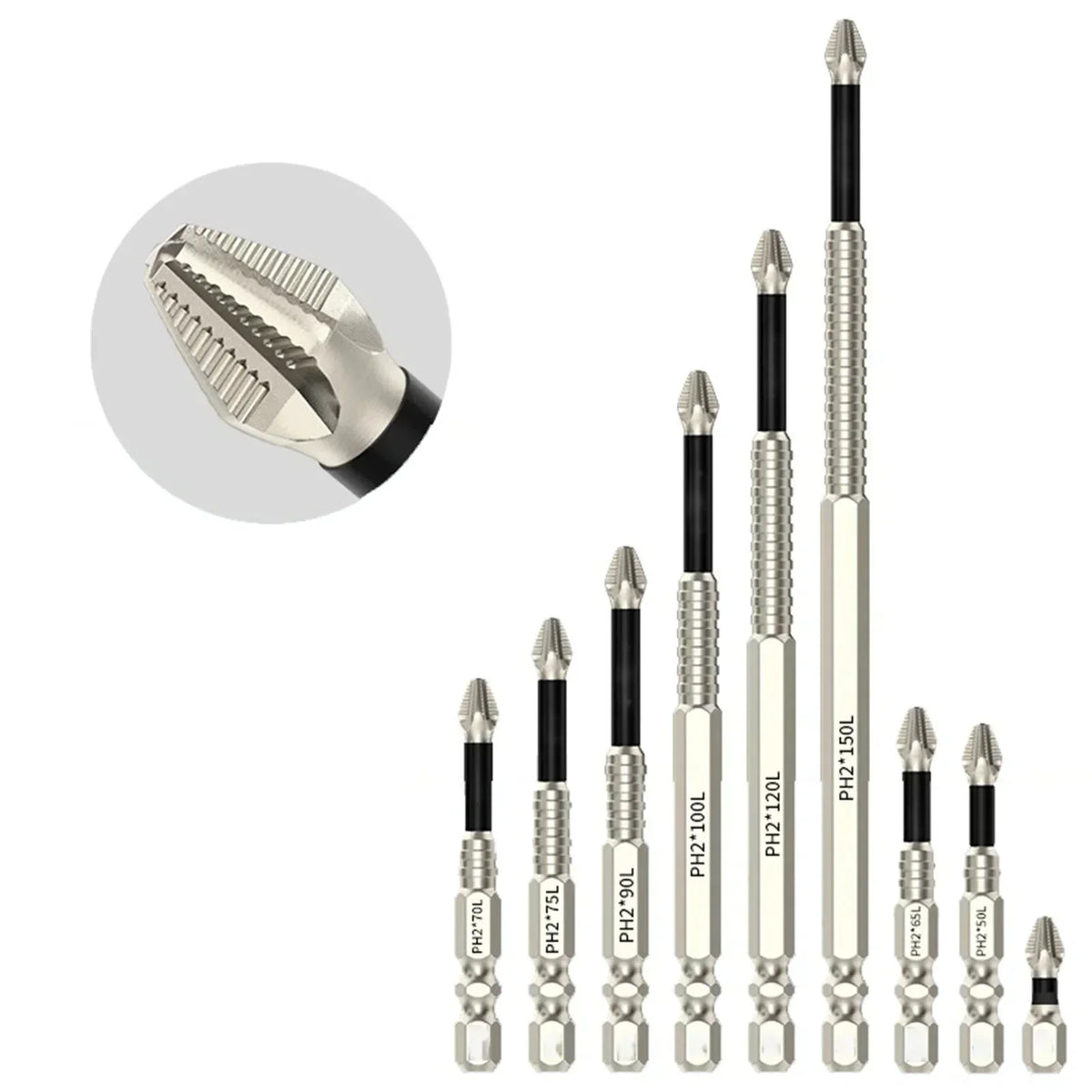 A set of magnetic PH2 screwdriver bits with 1/4 inch hex shank tools.