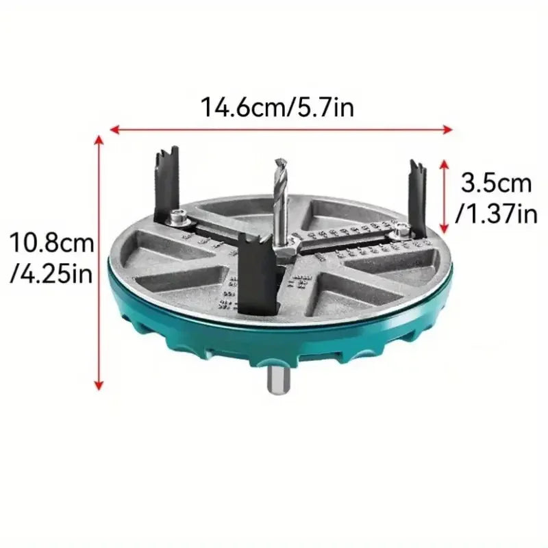 A silver adjustable universal hole saw kit with a teal base and measuring markings.