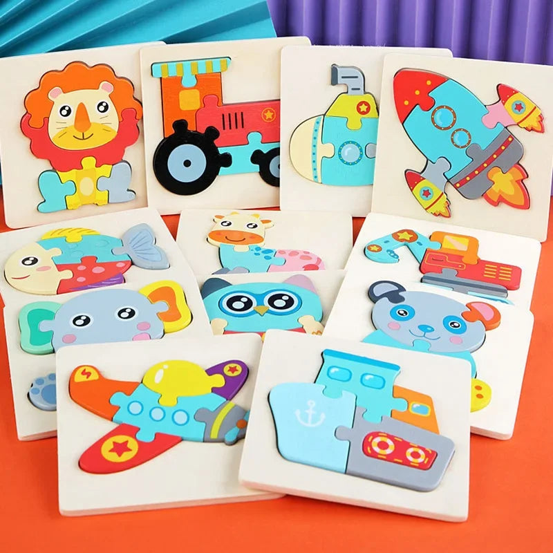 A set of wooden 3D animal jigsaw puzzles featuring various colorful animals like a lion, elephant, and owl.