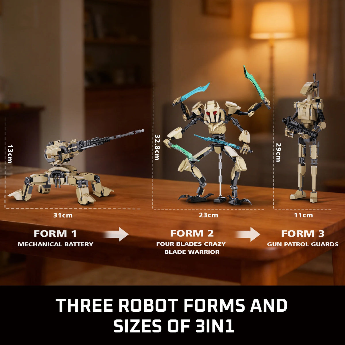 A set of three robot forms and sizes for a 3-in-1 building block set displayed on a wooden table.
