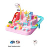 A pink interactive race car track toy set with various components and vehicles.