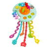 A colorful sensory pull string teething toy for babies and toddlers with various shapes and colors.