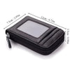 Black compact zipper card holder with a clear window and stitching details.