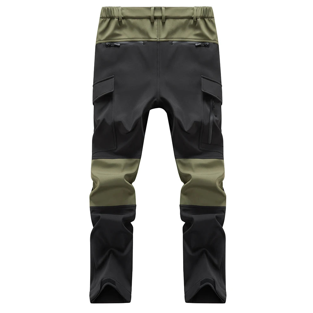 Men's waterproof insulated fleece pants in olive green and black.