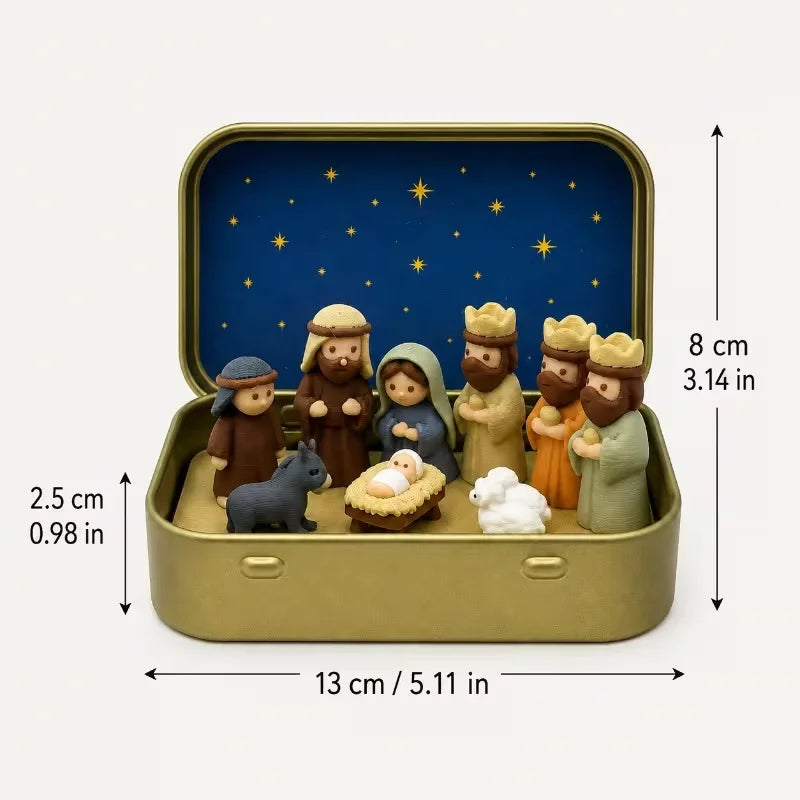 A miniature nativity scene featuring figures of Mary Joseph and baby Jesus set inside a gold-colored metal box with a blue st