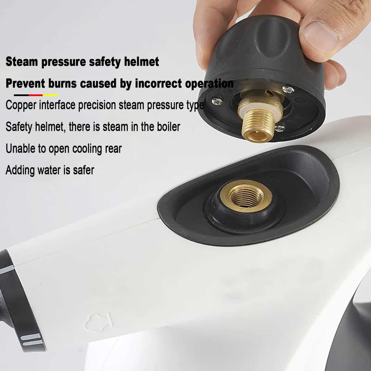 A hand holds a black steam pressure safety helmet component, demonstrating a feature for preventing burns during operation.