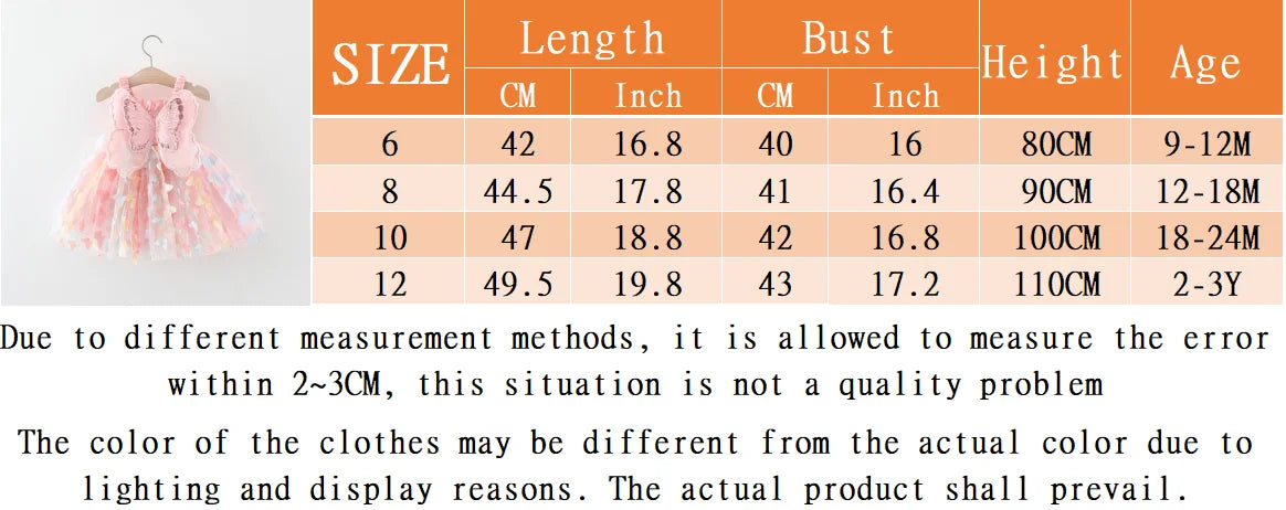 A size chart showing measurements for a baby girl butterfly suspenders dress across different ages and sizes.