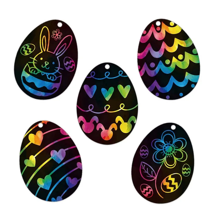 A collection of colorful, patterned scratch art eggs featuring Easter bunny designs and rainbow gradients.