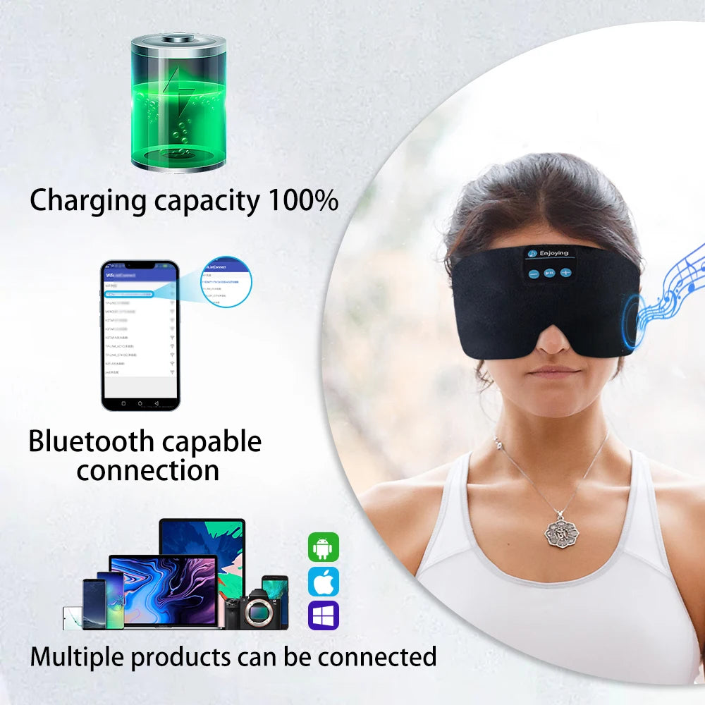 Kvinne med svart øyemaske med integrerte høyttalere, viser Bluetooth-tilkobling og lademulighet.