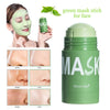 A green mask stick for face is shown next to a model applying it, demonstrating before and after results.