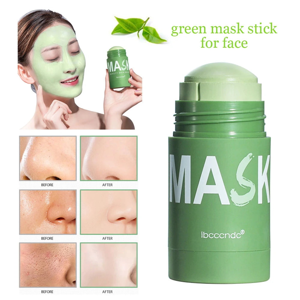 A green mask stick for face is shown next to a model applying it, demonstrating before and after results.