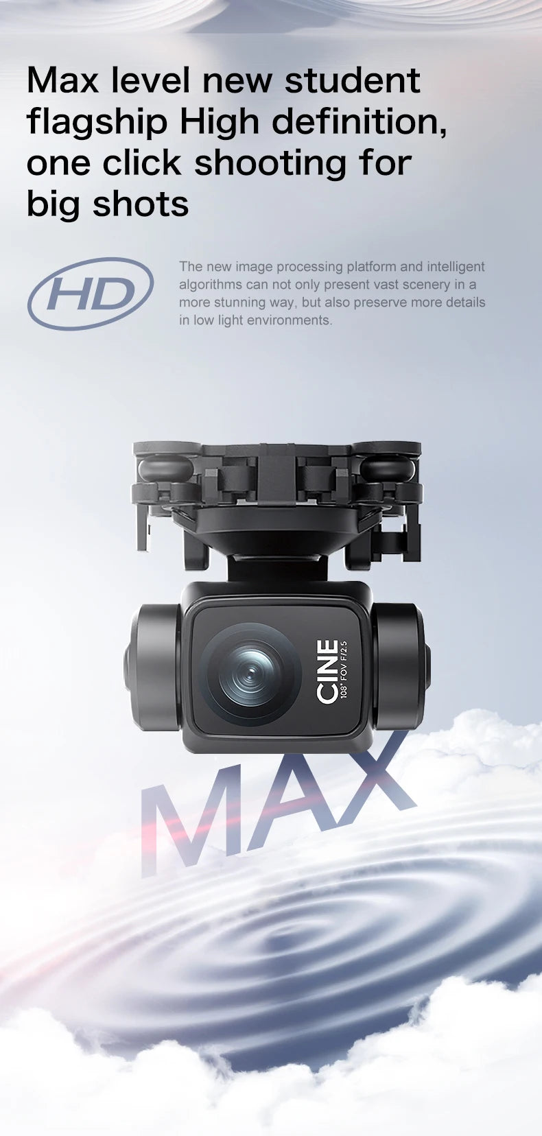 A black camera module for a new flagship product, featuring an HD logo and text promoting high-definition shooting.