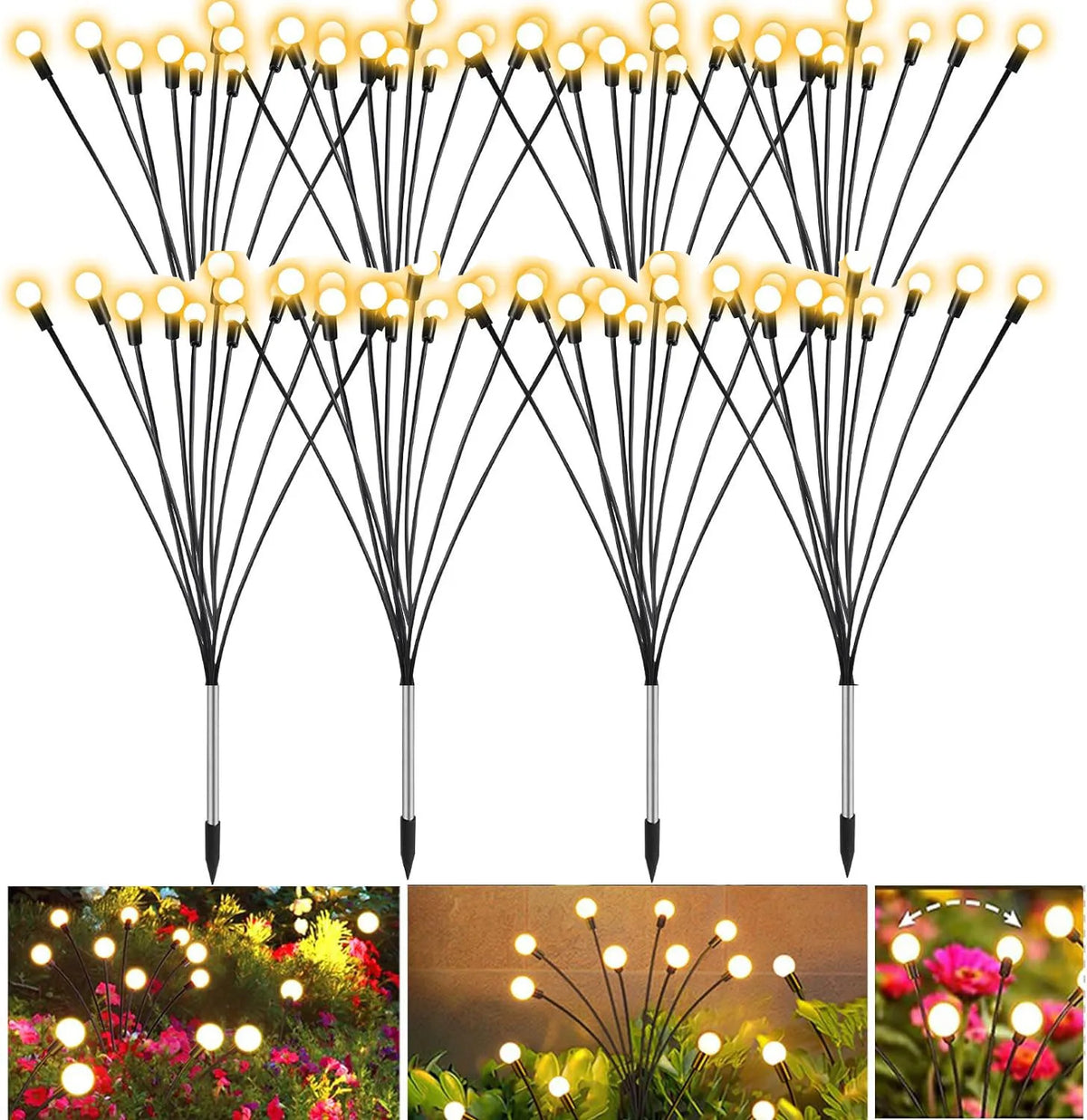 A set of solar firefly garden lights with wind sway effect, showing various light configurations.