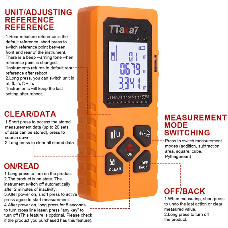 Orange TTaka7 laser distance meter with a digital display and various function buttons