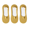 Three pairs of gold silicone grip no-show socks displayed against a white background.