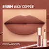 A close-up of a model's lips showcasing the Cocoa Brown shade of NU04 Rich Coffee lip tint.