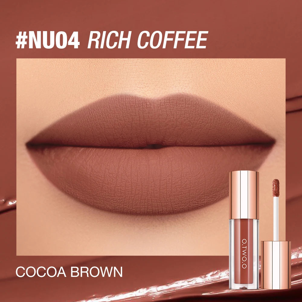 A close-up of a model's lips showcasing the Cocoa Brown shade of NU04 Rich Coffee lip tint.