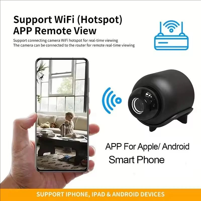 A hand holds a small black Wi-Fi security camera, demonstrating its use for remote viewing via an app.