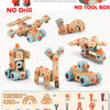 A set of wooden and plastic parts for a DIY assembly kit featuring various tools and components.