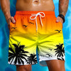 Men's tropical palm print drawstring swim trunks in a vibrant rainbow gradient color.