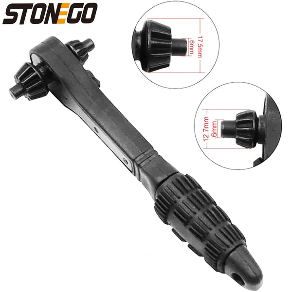 A black 2-in-1 drill chuck key and ratchet spanner tool with various sized bits.