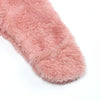 A close-up of a pink fuzzy baby fleece hooded romper with a zipper.