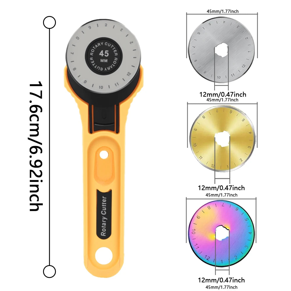 An orange rotary fabric cutter with an ergonomic handle and various sized cutting wheels.