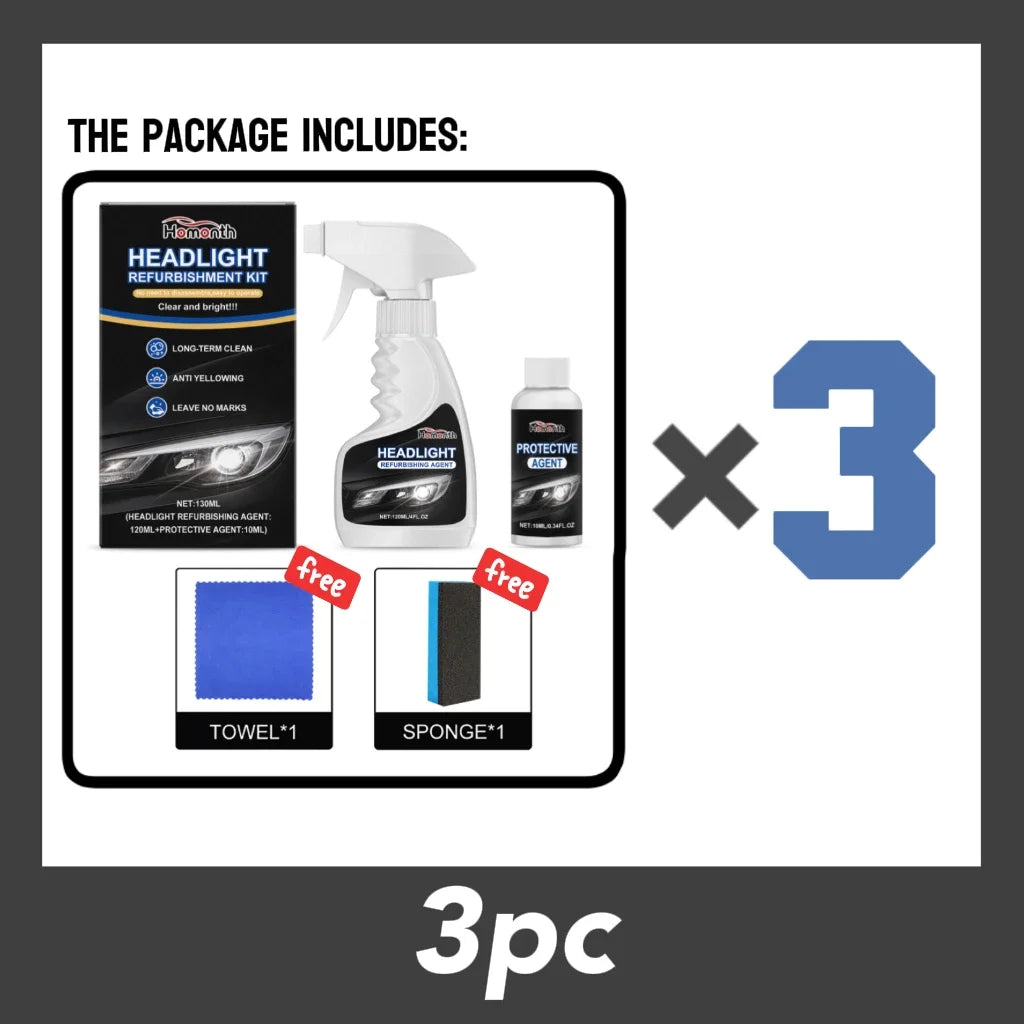 A package containing a headlight refurbishment kit including a light, a bottle of protective fluid, a towel, and a sponge.