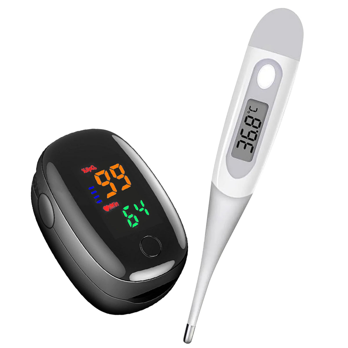En håndholdt pulsoximeter og digitalt termometer med sort krop og hvid sonde.