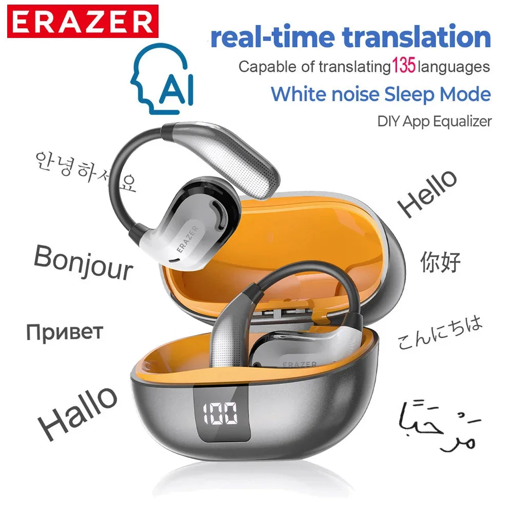 Et par ERAZER XT66PRO trådløse Bluetooth-ørepropper med ulike språkoversettelser rundt seg.