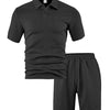 Black men's casual jacquard short-sleeve shirt and drawstring shorts set