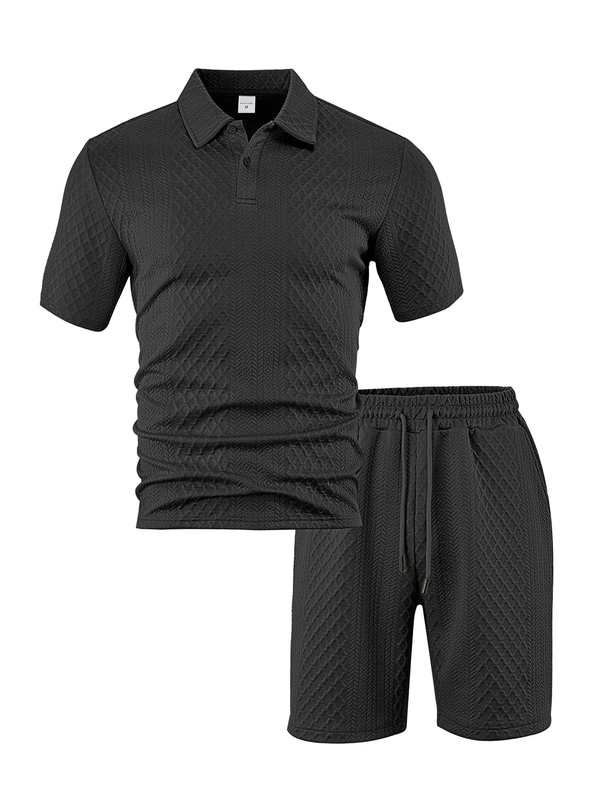 Black men's casual jacquard short-sleeve shirt and drawstring shorts set
