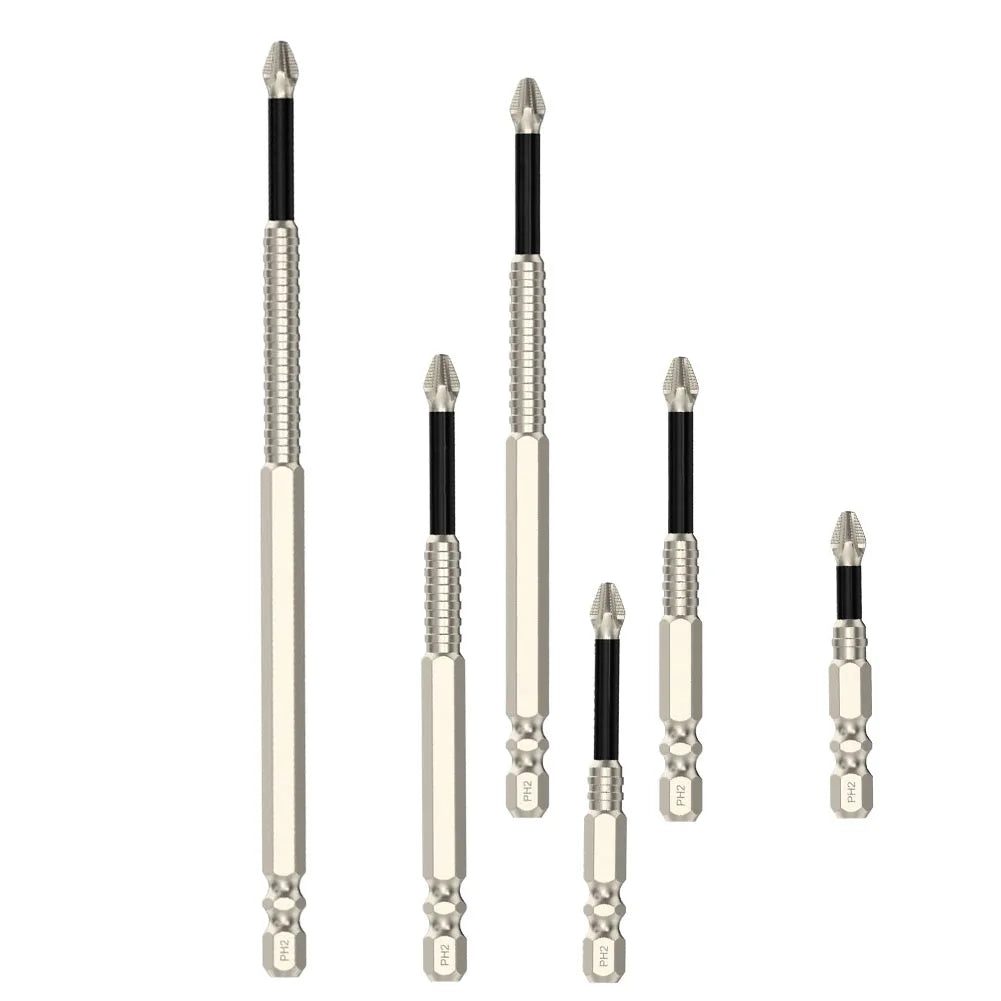 A set of magnetic PH2 screwdriver bits with 1/4 hex shank in silver color.
